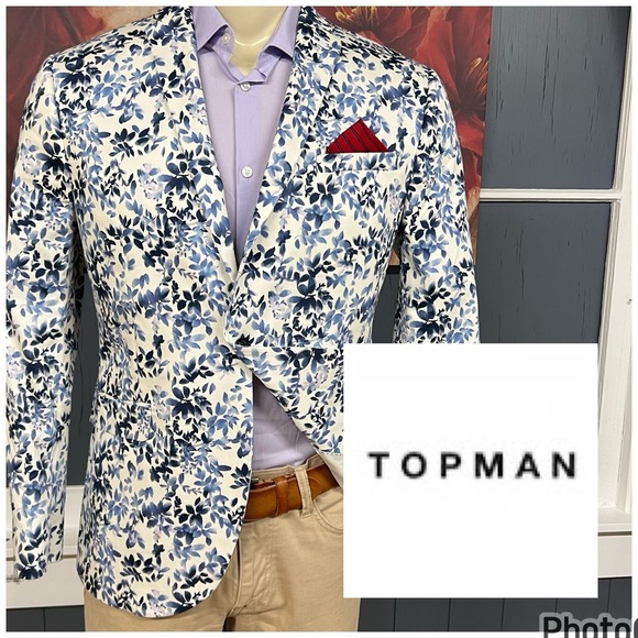 Topman Blazer Jacket Sport Coat Mens 42R Skinny Fit Cotton Stretch White/Navy